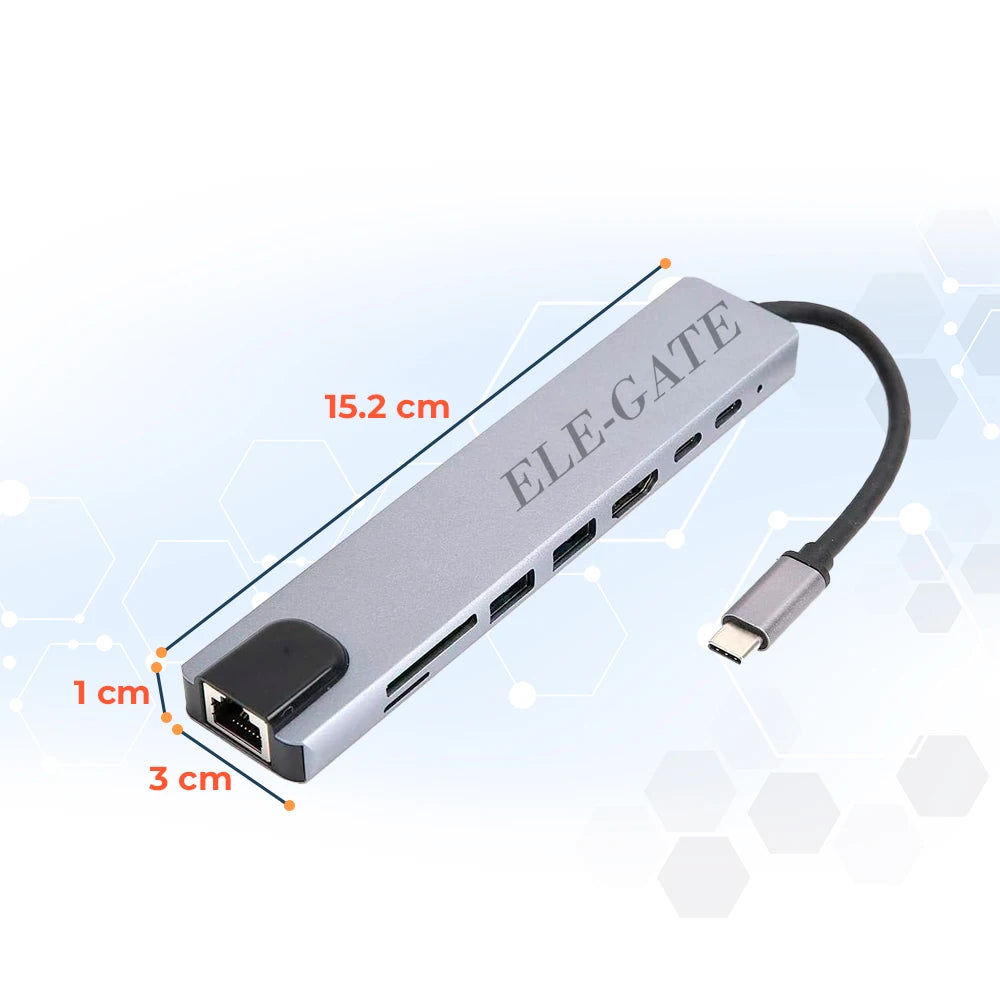ELE-GATE WI.180 USB 3.0 High-Speed Hub with 8 Ports Type-C Output Dual Monitor Function Data Transfer Aluminum Alloy in Stock