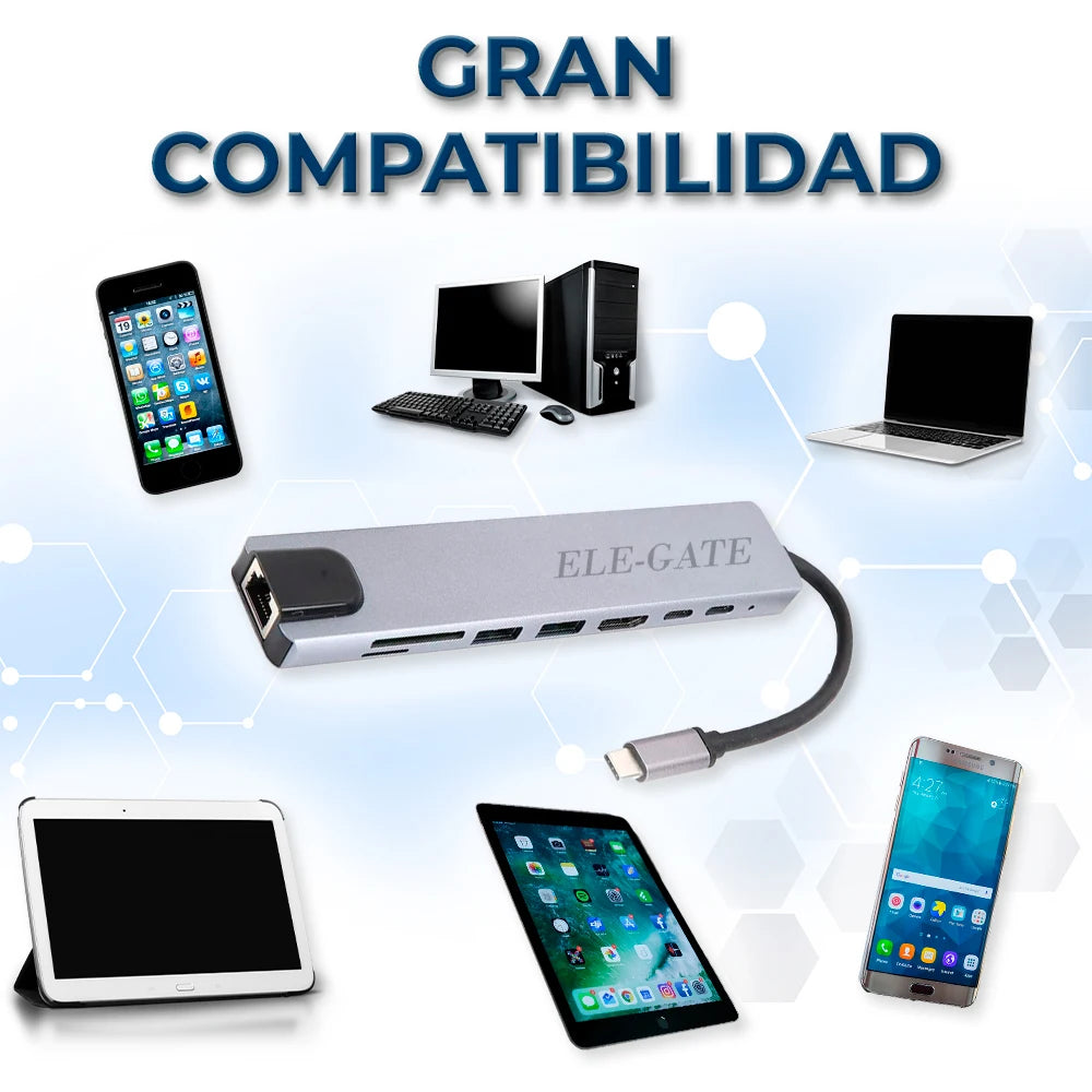 ELE-GATE WI.180 USB 3.0 High-Speed Hub with 8 Ports Type-C Output Dual Monitor Function Data Transfer Aluminum Alloy in Stock