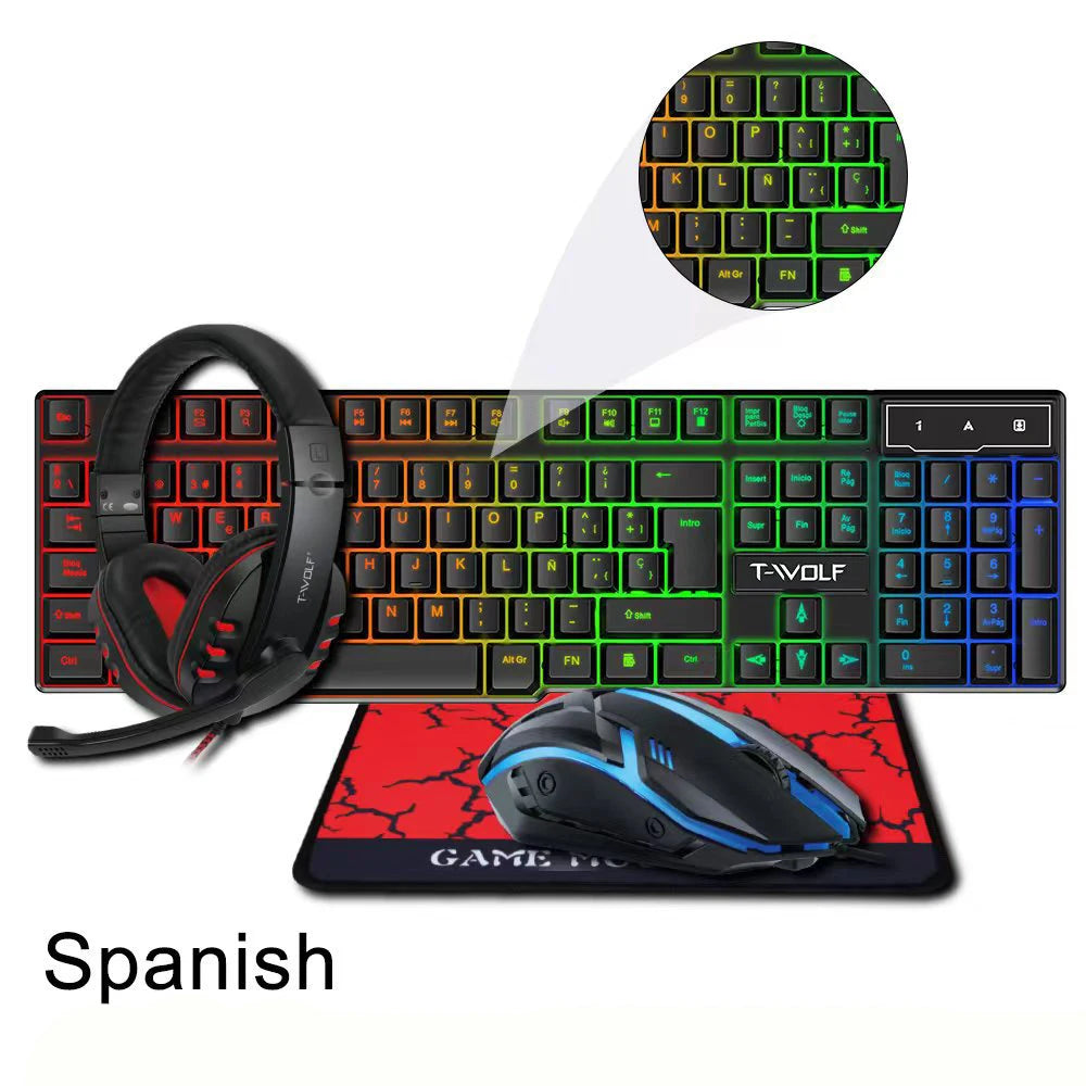 4 in 1 RGB Russian Spanish English Gaming Wired Keyboard Mouse Combos