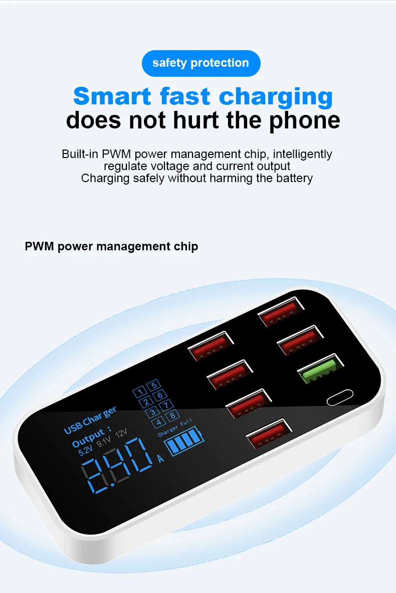 Unique Design 7-Port Type-C QC3.0 40W Fast Charging Electric Car Charger with USB Ports