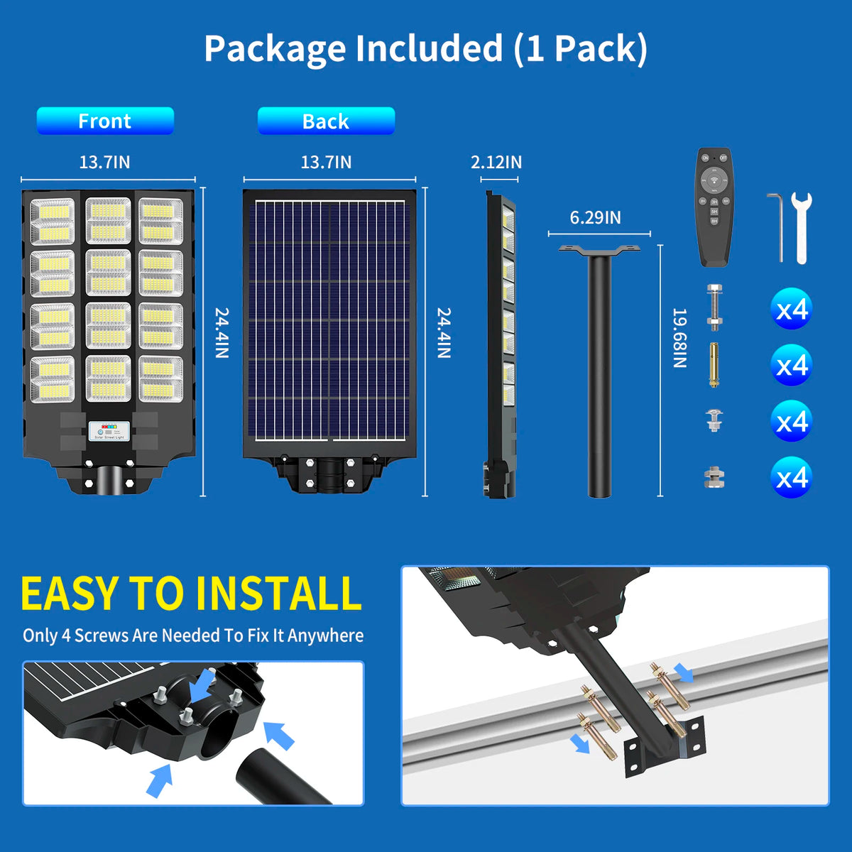 Solar Street Light Outdoor High Output LED Large Battery 20000mAh Capacity