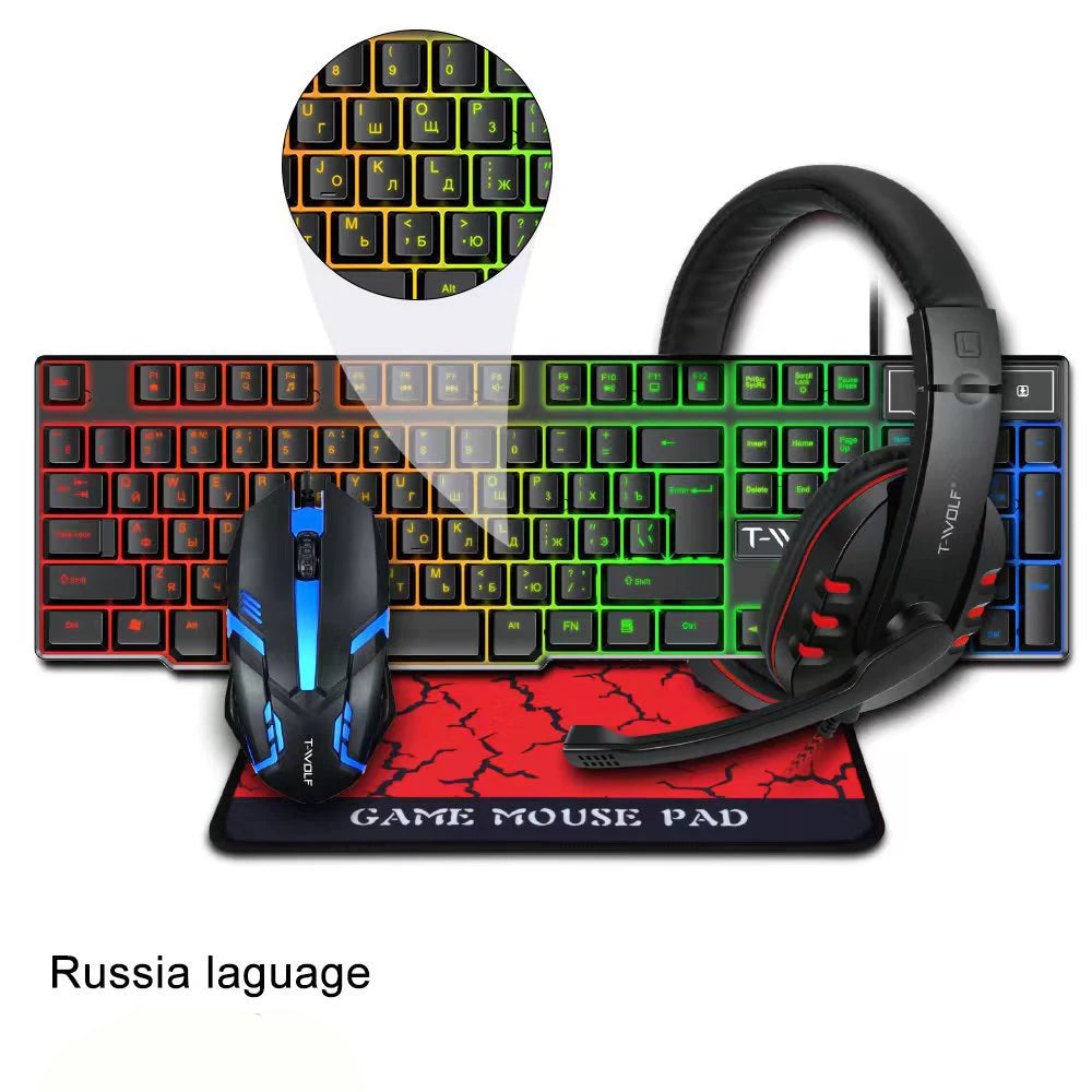 4 in 1 RGB Russian Spanish English Gaming Wired Keyboard Mouse Combos